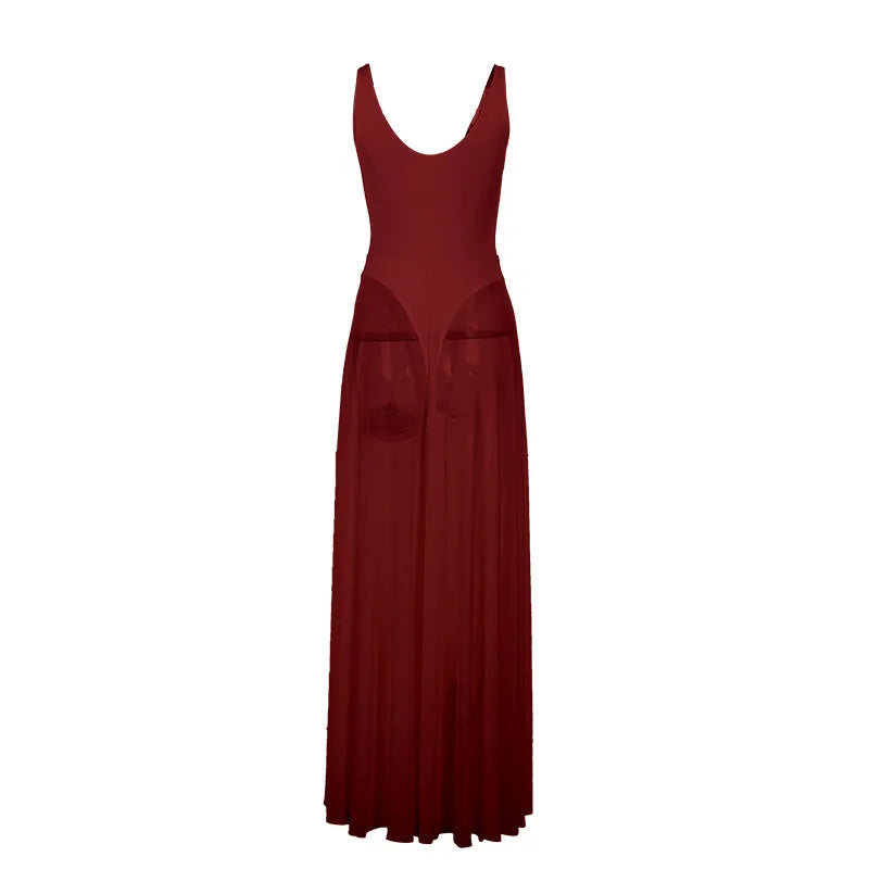 Women's Transparent Mesh Maxi Dress – Backless Beach Party Dress