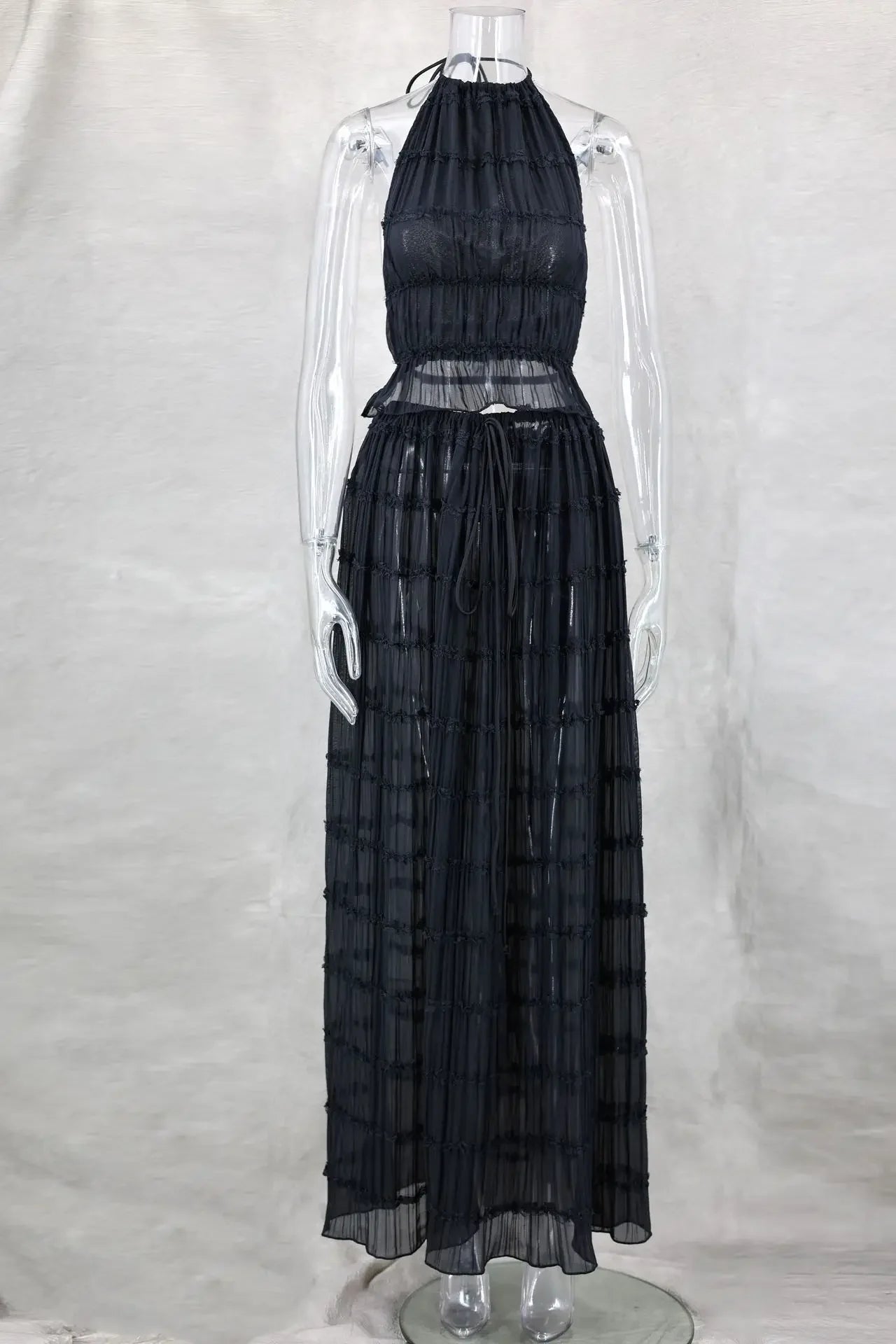 Women's Lace Halter 2-Piece Skirt Set – Backless Vest & Long Skirt
