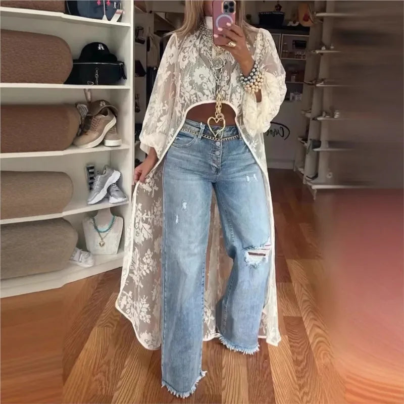 Women's Lace Floral Blouse – High Neck, Puff Sleeve, Elegant Fit