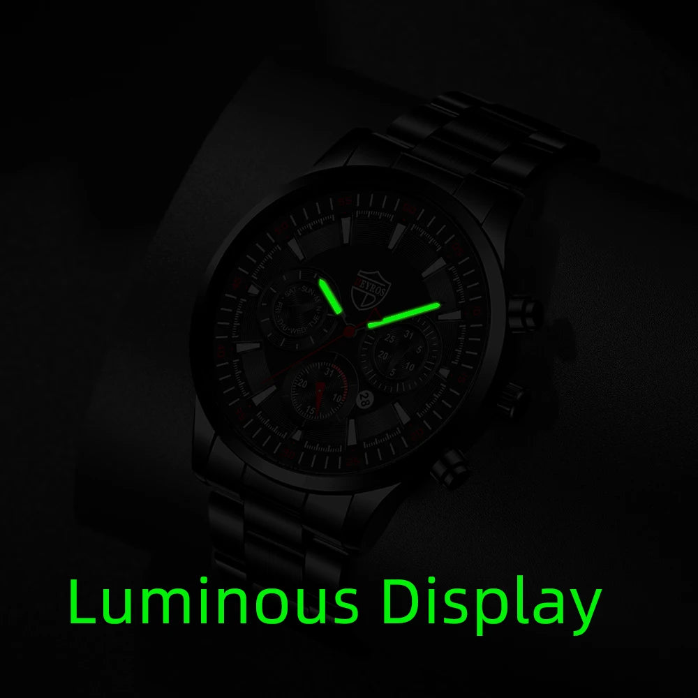 Fashion Mens Watches Set Luxury Men Sports Black Stainless Steel Quartz Watch Man Business Casual Wrist Watch