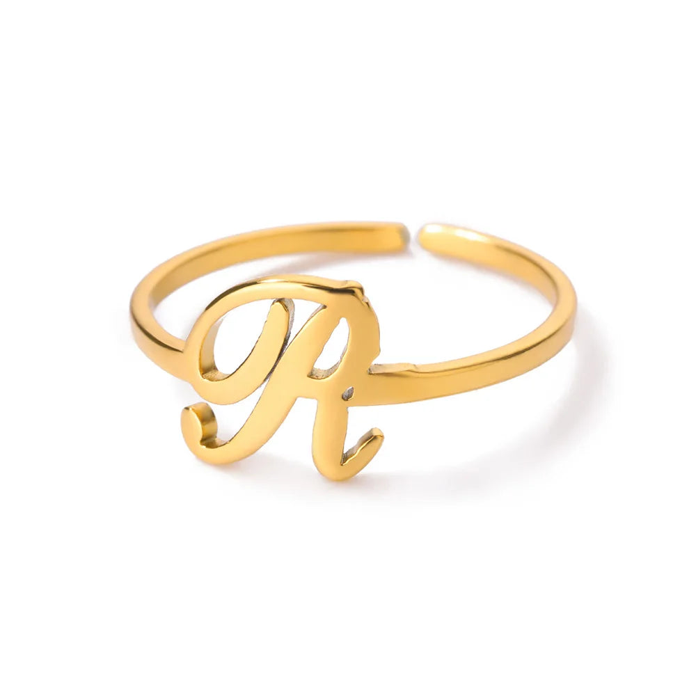 Initial Letter Ring A-Z — Gold Adjustable Stainless Steel