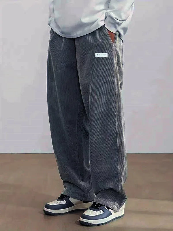 Autumn Mens Corduroy Casual Pants Fashion Loose Fit Pants Straight Sweatpants Elastic Waist Drawstring Outdoor Streetwear