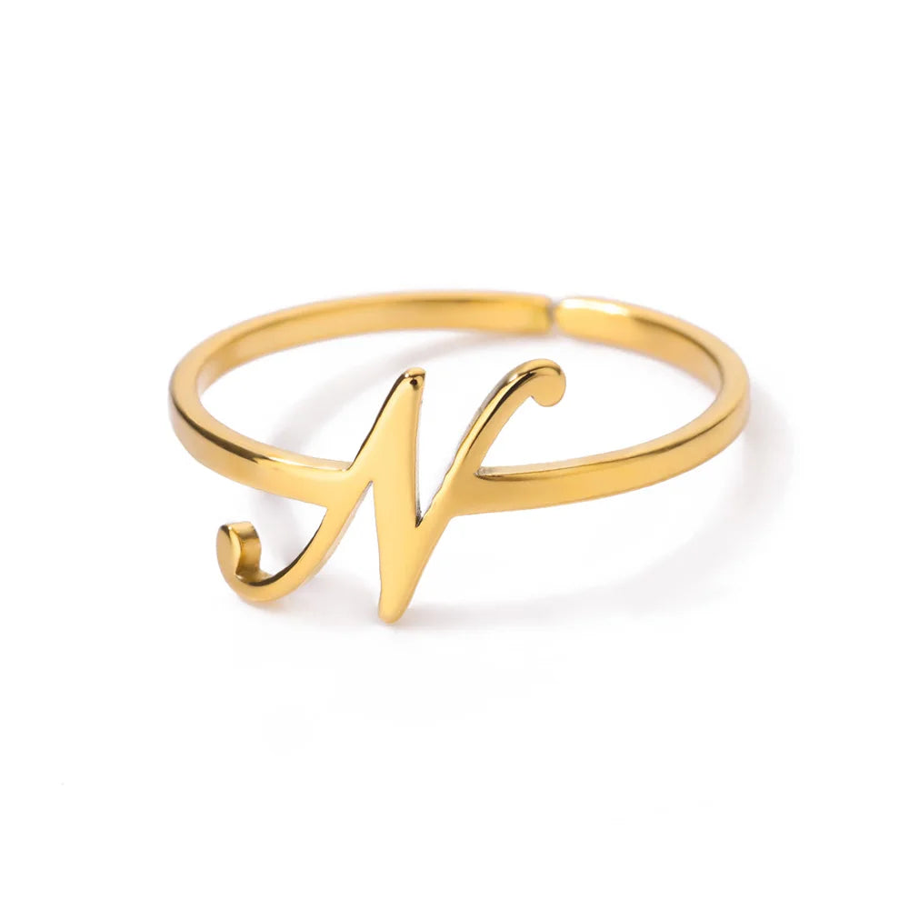 Initial Letter Ring A-Z — Gold Adjustable Stainless Steel