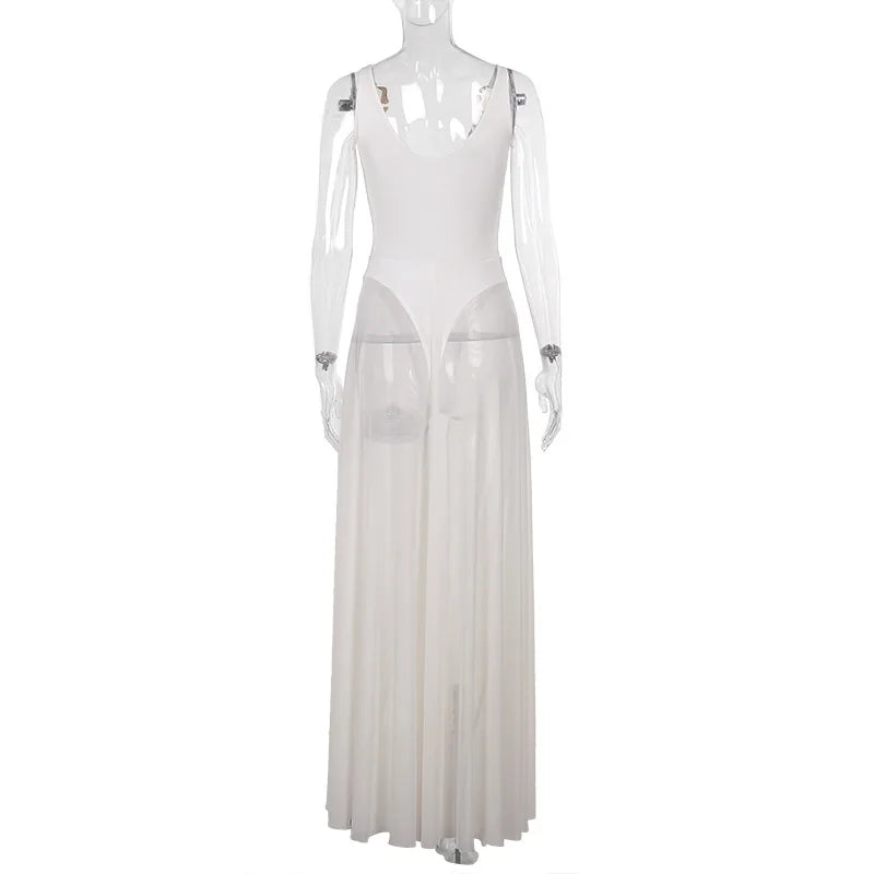 Women's Transparent Mesh Maxi Dress – Backless Beach Party Dress