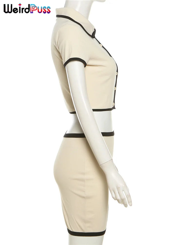 Women's Ribbed 2-Piece Set – Polo Neck Crop Top & Mini Skirt