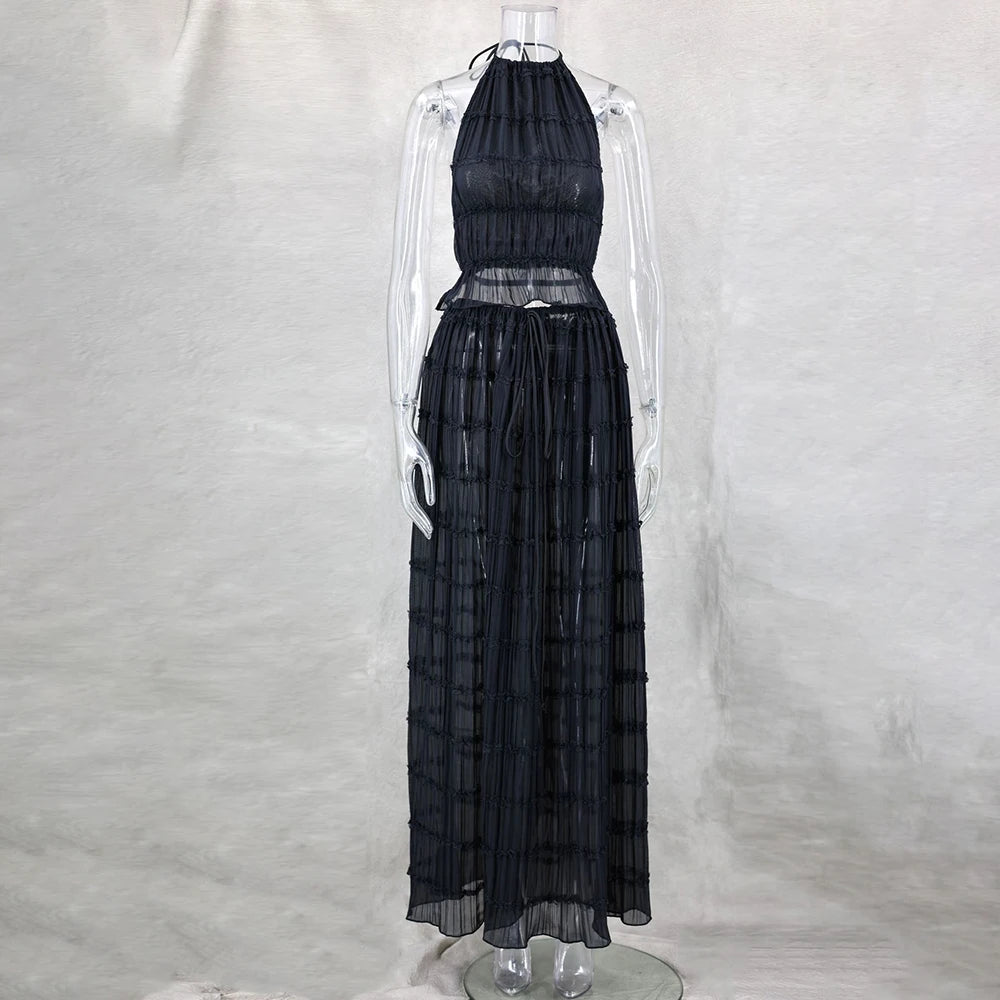Women's Lace Halter 2-Piece Skirt Set – Backless Vest & Long Skirt