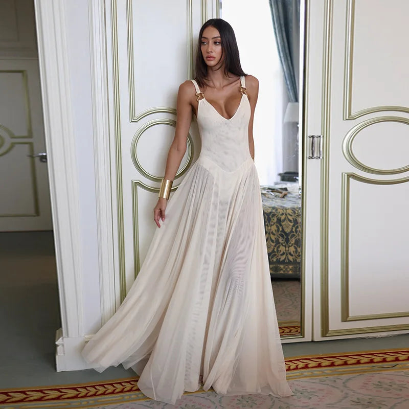 Women's Transparent Mesh Maxi Dress – Backless Beach Party Dress
