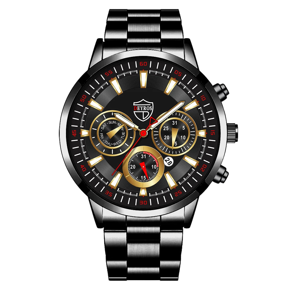 Fashion Mens Watches Set Luxury Men Sports Black Stainless Steel Quartz Watch Man Business Casual Wrist Watch