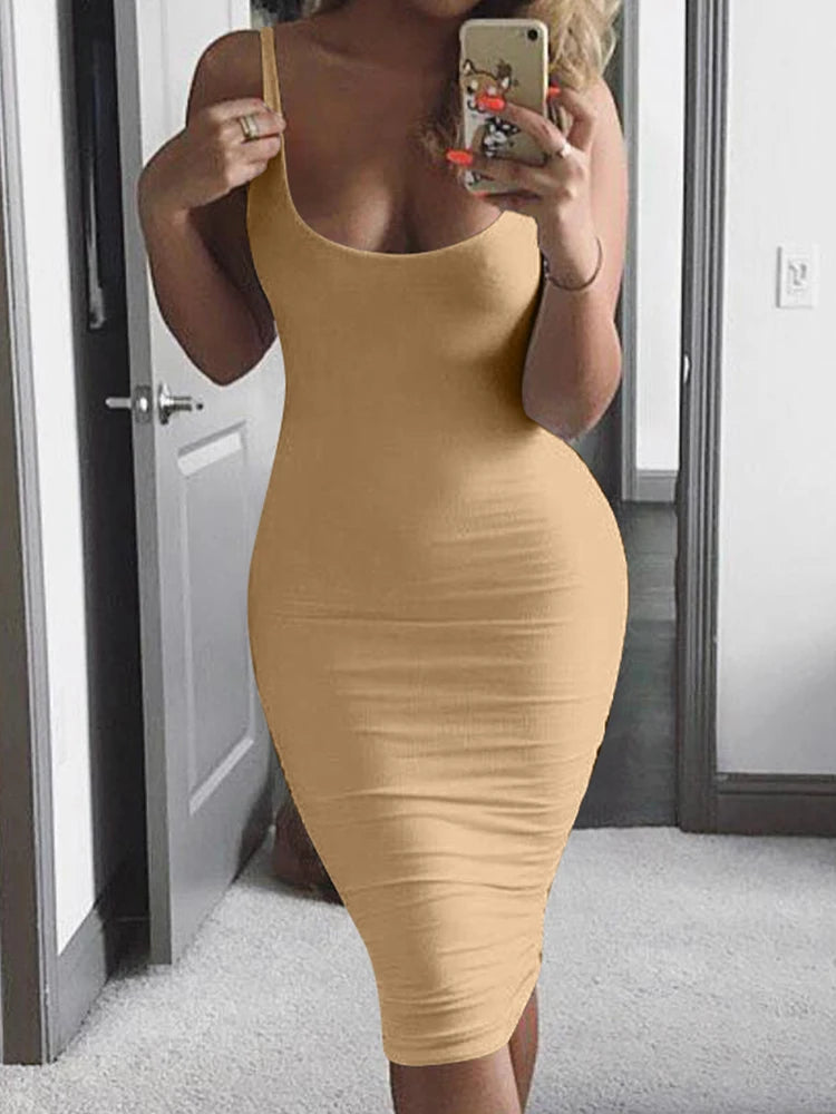 Women's Sleeveless Tank Midi Dress – Square Neck Summer Dress