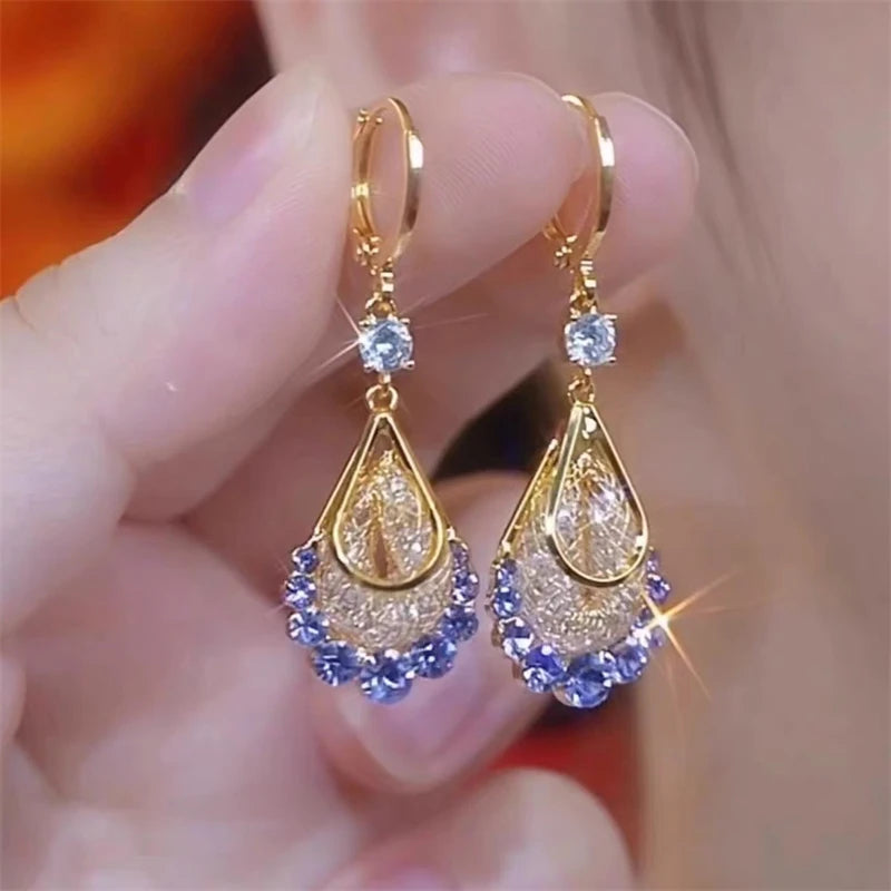 Purple Crystal Long Tassel Drop Earrings