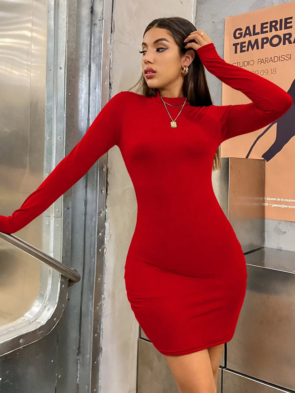 Women's Turtleneck Bodycon Mini Dress – Long Sleeve Ruched Club Dress