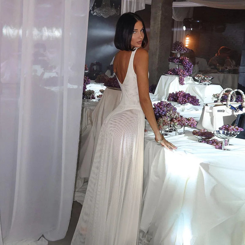 Women's Transparent Mesh Maxi Dress – Backless Beach Party Dress