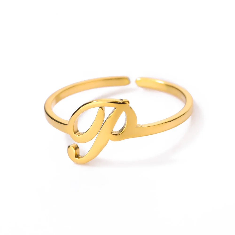 Initial Letter Ring A-Z — Gold Adjustable Stainless Steel