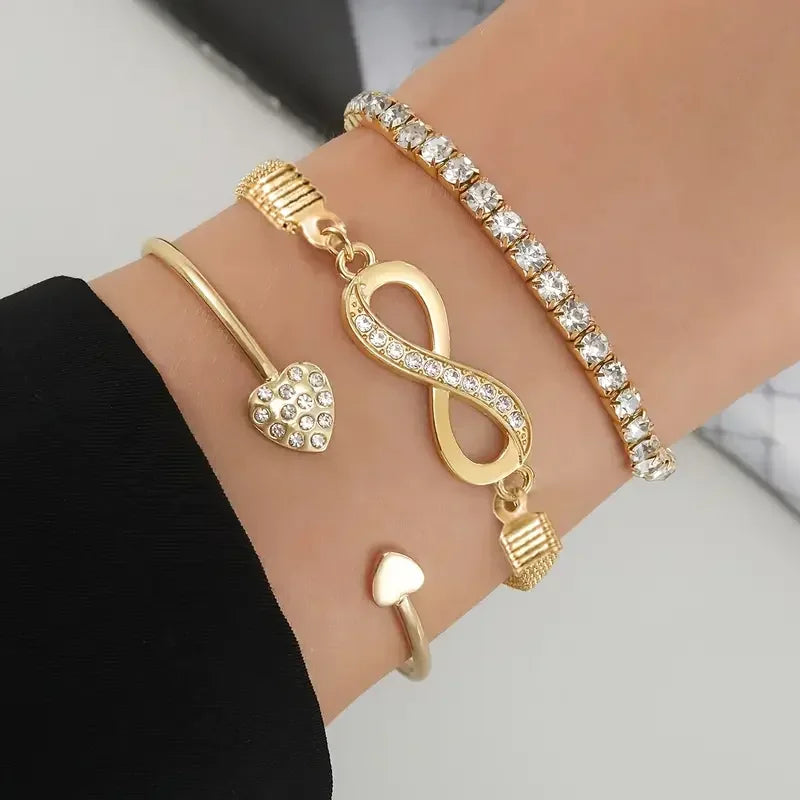 3pcs Vintage Crystal Rhinestone Heart Bracelet Set