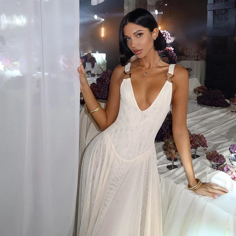 Women's Transparent Mesh Maxi Dress – Backless Beach Party Dress
