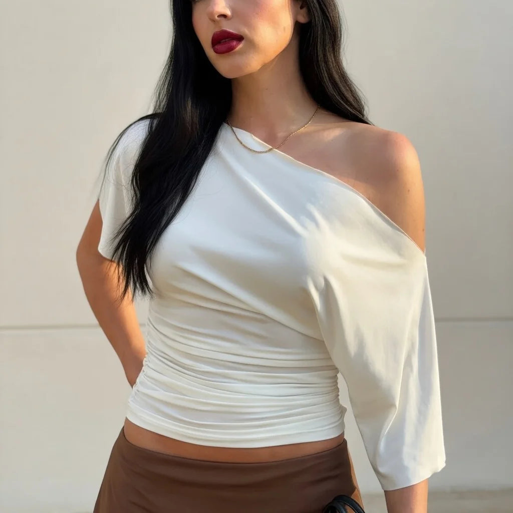 Women's One Shoulder Crop Top – Y2K Summer Short Sleeve Tee