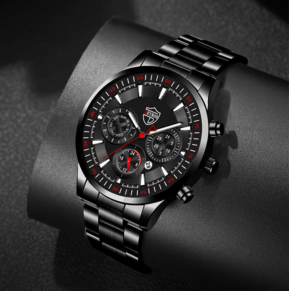 Fashion Mens Watches Set Luxury Men Sports Black Stainless Steel Quartz Watch Man Business Casual Wrist Watch