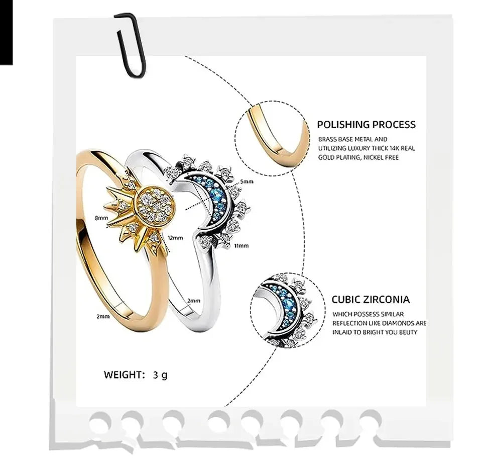 Sun & Moon Couple Ring Set — 925 Silver with Sky Blue Zirconia