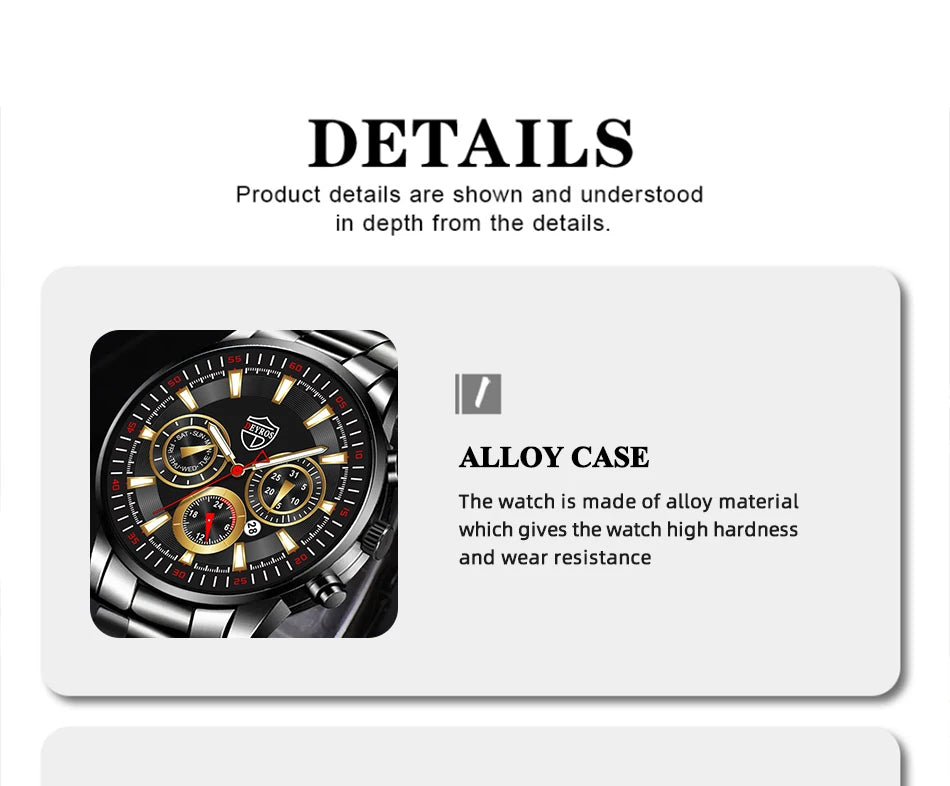 Fashion Mens Watches Set Luxury Men Sports Black Stainless Steel Quartz Watch Man Business Casual Wrist Watch