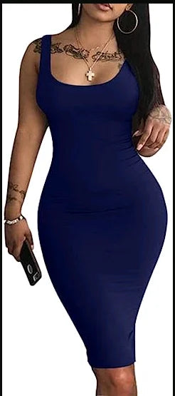 Women's Sleeveless Tank Midi Dress – Square Neck Summer Dress