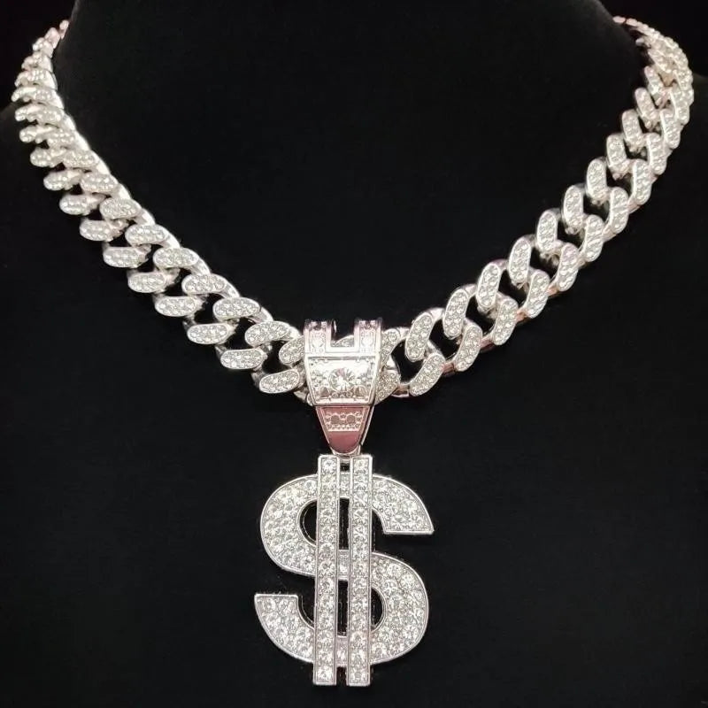Men Women Hip Hop Dollar  Pendant Necklace with 13mm Cuban Chain Hiphop Iced out pendants Necklaces Fashion Punk Jewelry Gifts