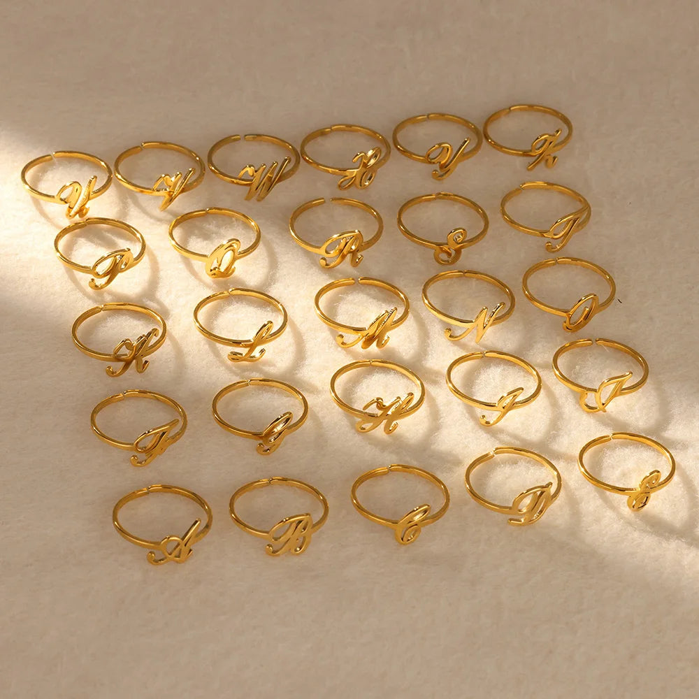 Initial Letter Ring A-Z — Gold Adjustable Stainless Steel