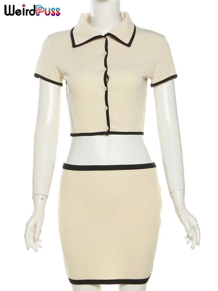Women's Ribbed 2-Piece Set – Polo Neck Crop Top & Mini Skirt