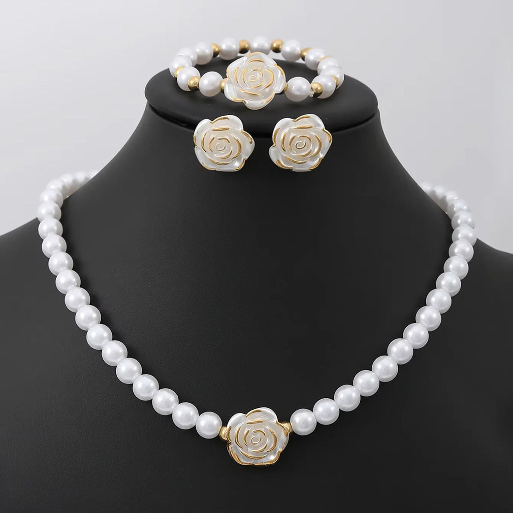 Elegant Pearl Flower Jewellery Set — Necklace, Bracelet & Earrings