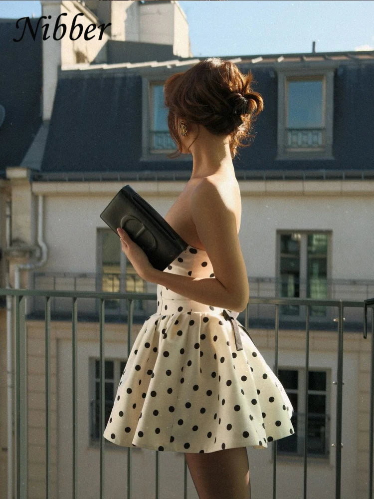 Women's Dots Print Y2K Mini Dress – Backless Bow Ruffle Bodycon