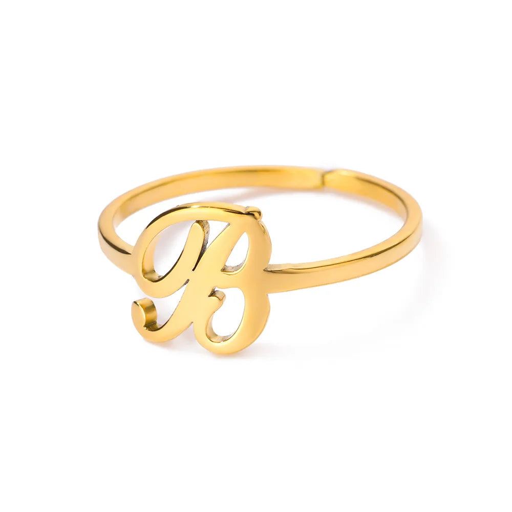 Initial Letter Ring A-Z — Gold Adjustable Stainless Steel