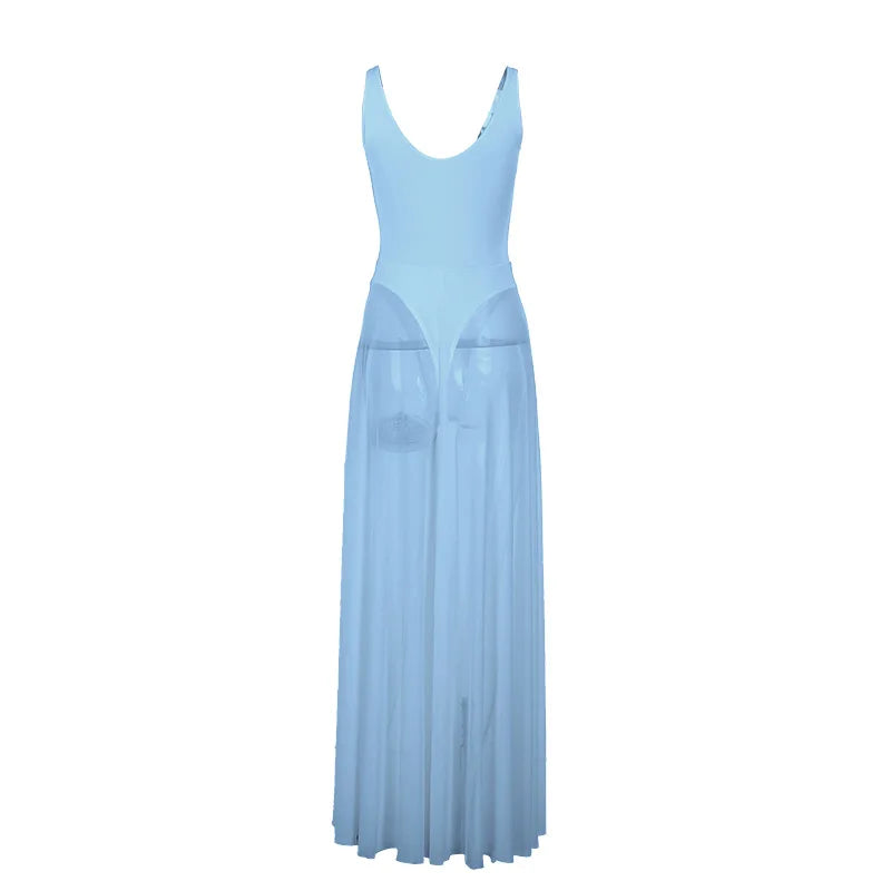 Women's Transparent Mesh Maxi Dress – Backless Beach Party Dress