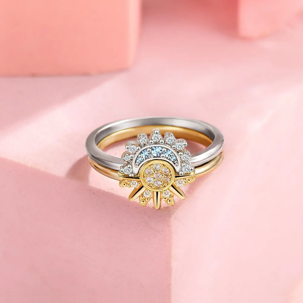 Sun & Moon Couple Ring Set — 925 Silver with Sky Blue Zirconia