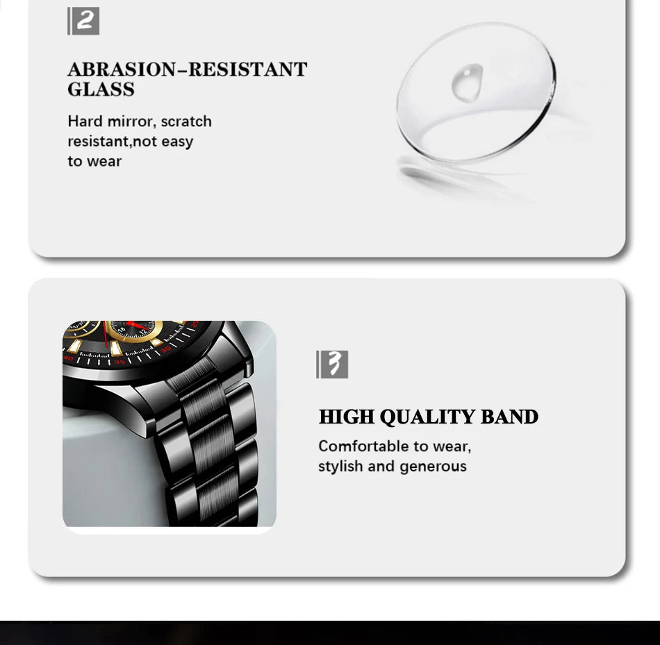 Fashion Mens Watches Set Luxury Men Sports Black Stainless Steel Quartz Watch Man Business Casual Wrist Watch