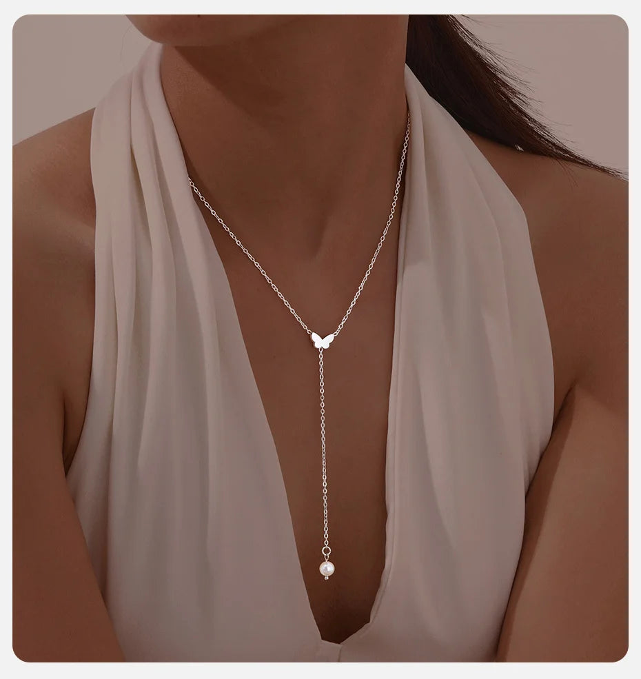 Heart & Butterfly Y-Necklace — Simple Sweater Chain