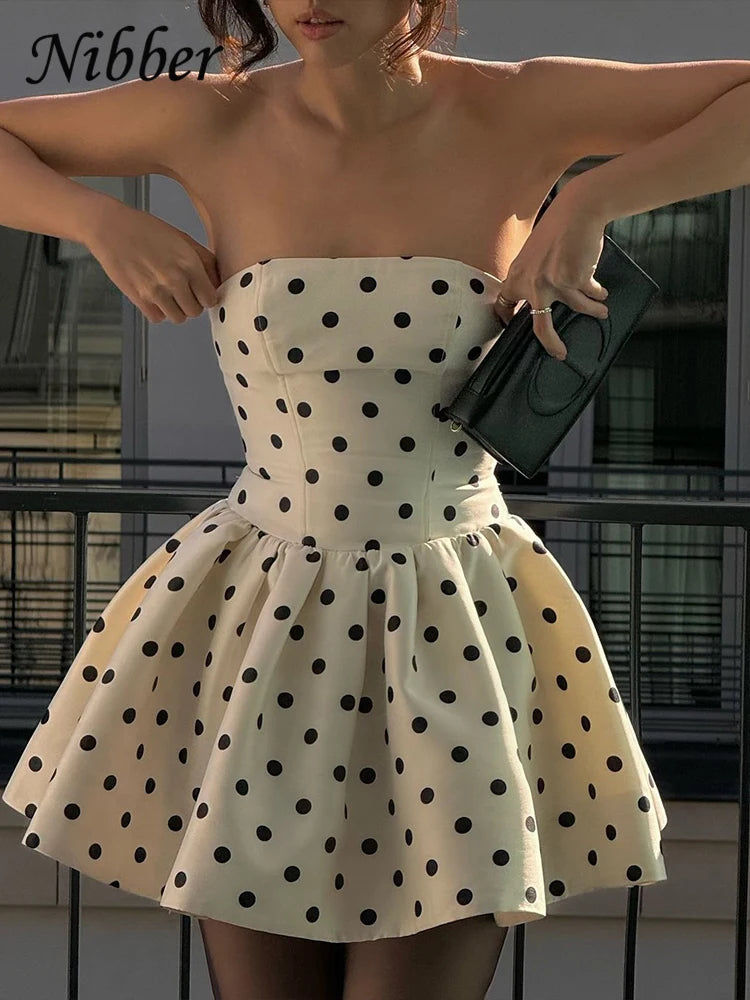 Women's Dots Print Y2K Mini Dress – Backless Bow Ruffle Bodycon