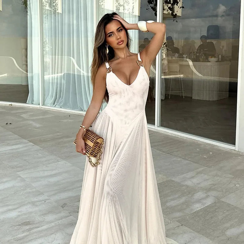 Women's Transparent Mesh Maxi Dress – Backless Beach Party Dress