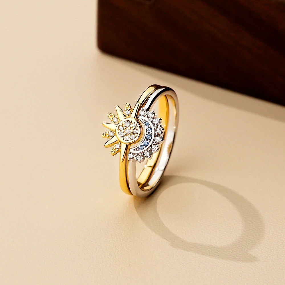 Sun & Moon Couple Ring Set — 925 Silver with Sky Blue Zirconia