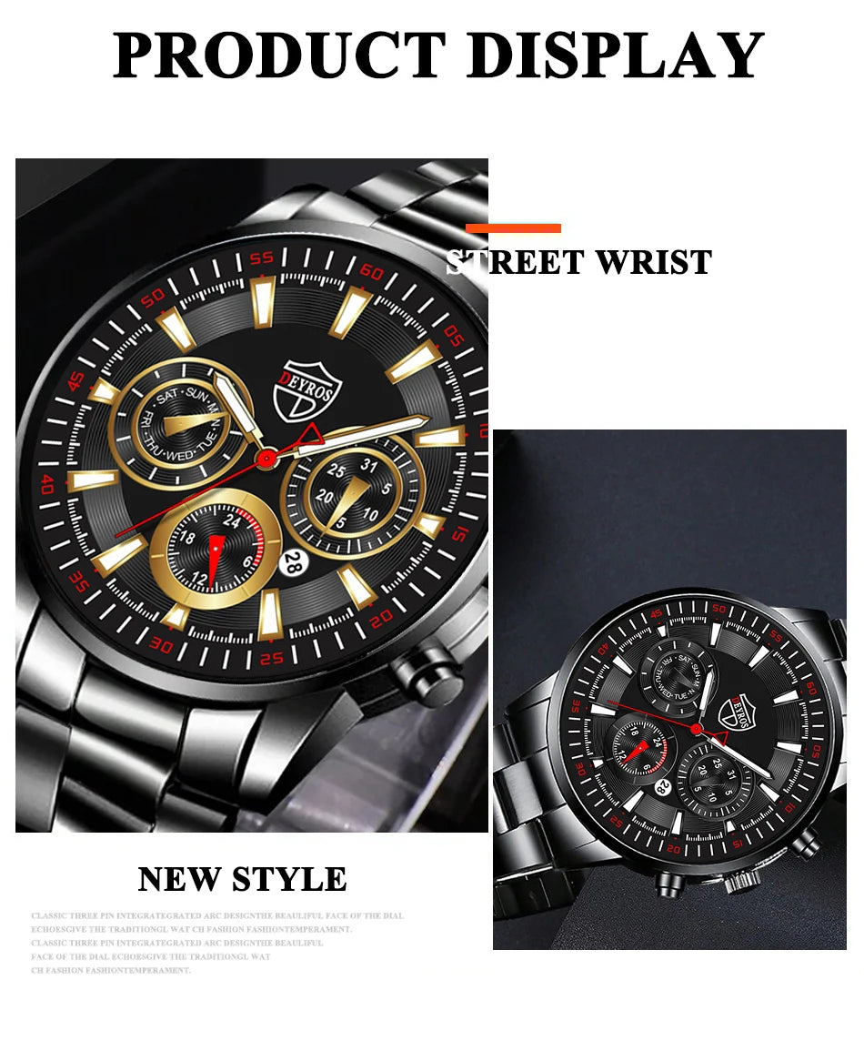 Fashion Mens Watches Set Luxury Men Sports Black Stainless Steel Quartz Watch Man Business Casual Wrist Watch