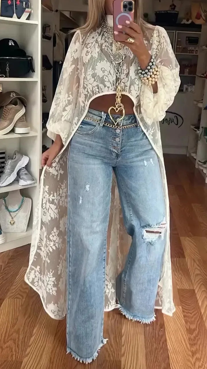 Women's Lace Floral Blouse – High Neck, Puff Sleeve, Elegant Fit