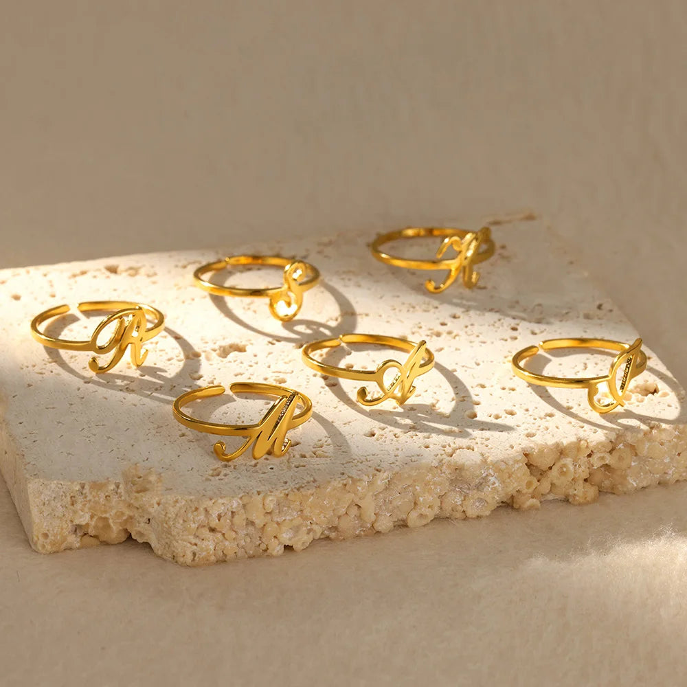 Initial Letter Ring A-Z — Gold Adjustable Stainless Steel