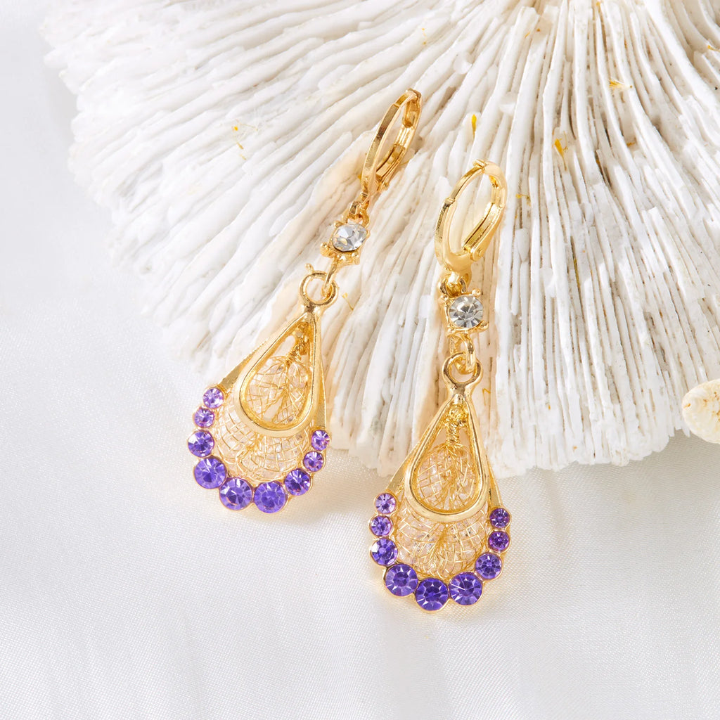 Purple Crystal Long Tassel Drop Earrings