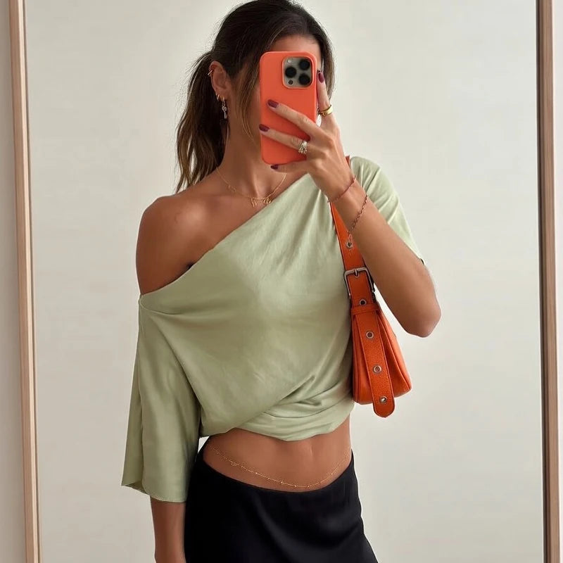 Women's One Shoulder Crop Top – Y2K Summer Short Sleeve Tee