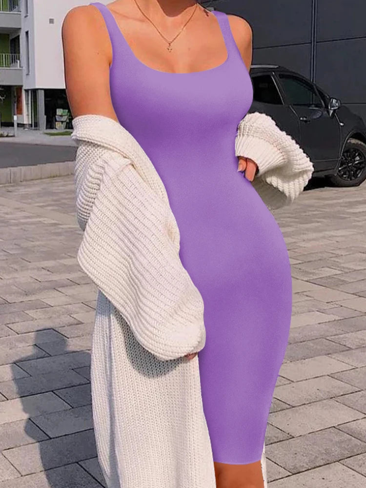 Women's Sleeveless Tank Midi Dress – Square Neck Summer Dress