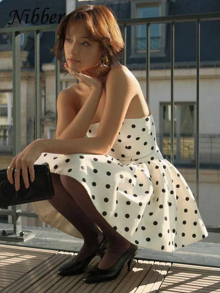 Women's Dots Print Y2K Mini Dress – Backless Bow Ruffle Bodycon