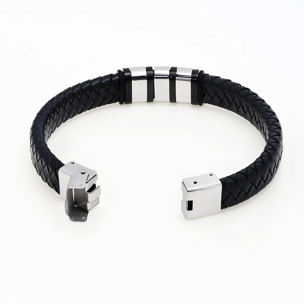 Custom Family Names Beads Personalized Mens Leather Bracelet Stainless Steel Charm Bangle Fashion Jewelry Gift for Men Dad