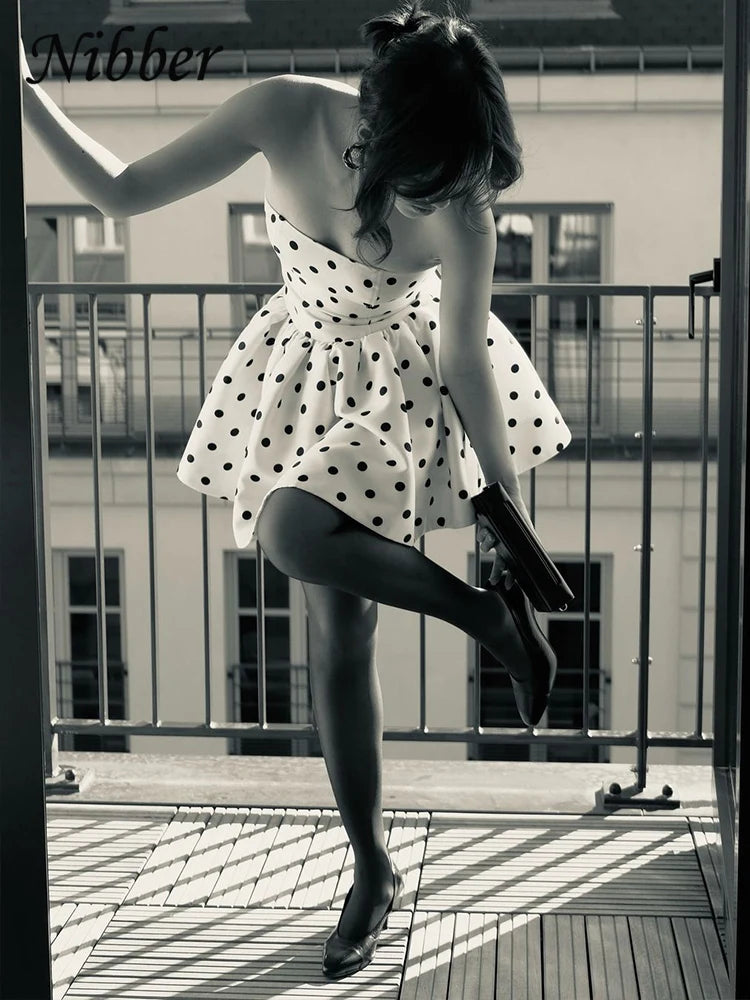 Women's Dots Print Y2K Mini Dress – Backless Bow Ruffle Bodycon