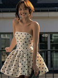 Women's Dots Print Y2K Mini Dress – Backless Bow Ruffle Bodycon