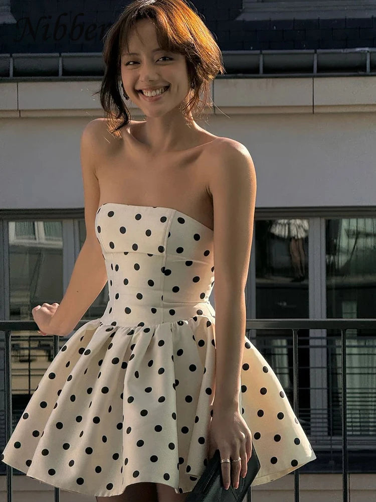 Women's Dots Print Y2K Mini Dress – Backless Bow Ruffle Bodycon