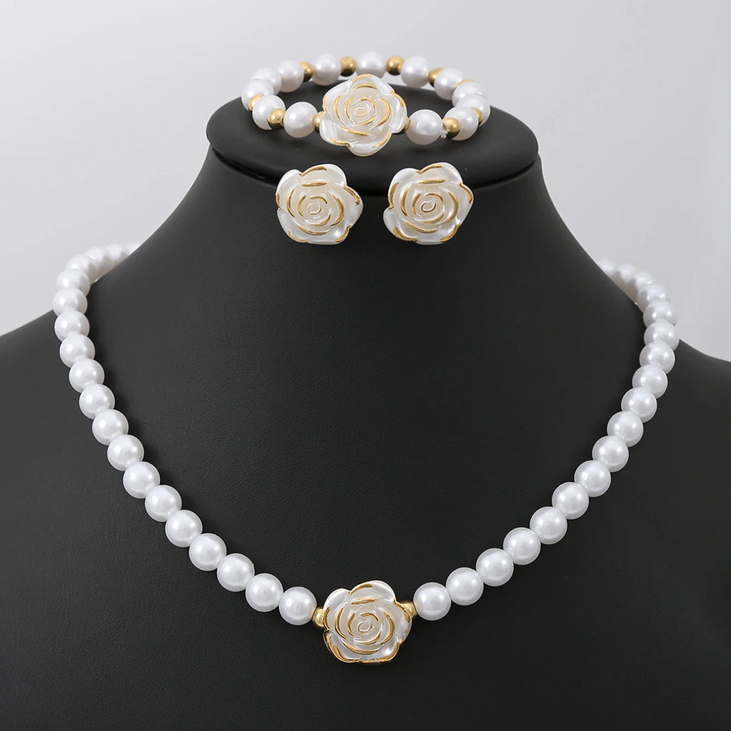 Elegant Pearl Flower Jewellery Set — Necklace, Bracelet & Earrings