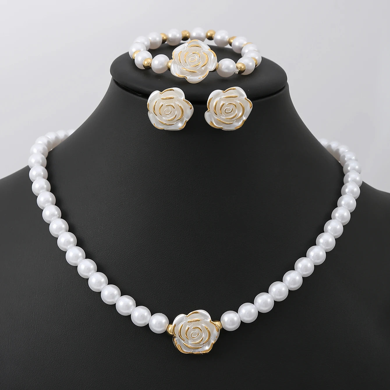 Elegant Pearl Flower Jewellery Set — Necklace, Bracelet & Earrings